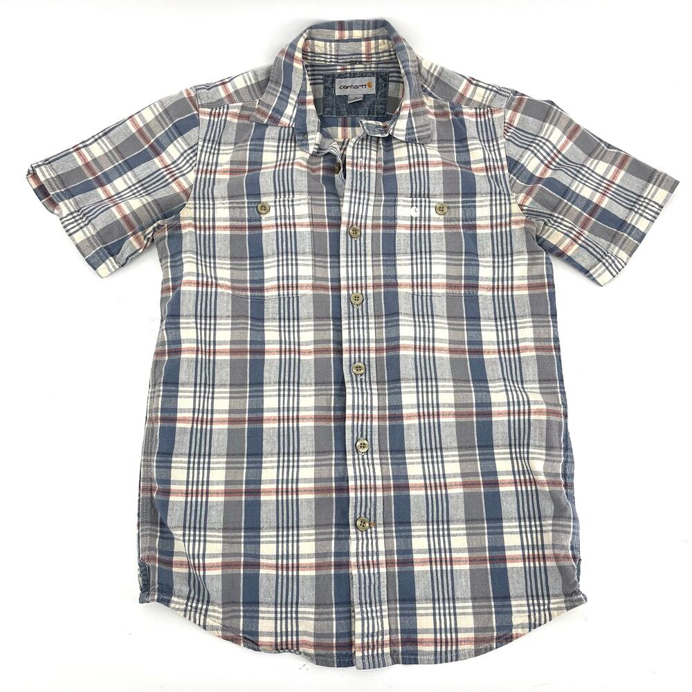 Carhartt Men's Short Sleeve Blue Green Plaid Button Casual Shirt (S)